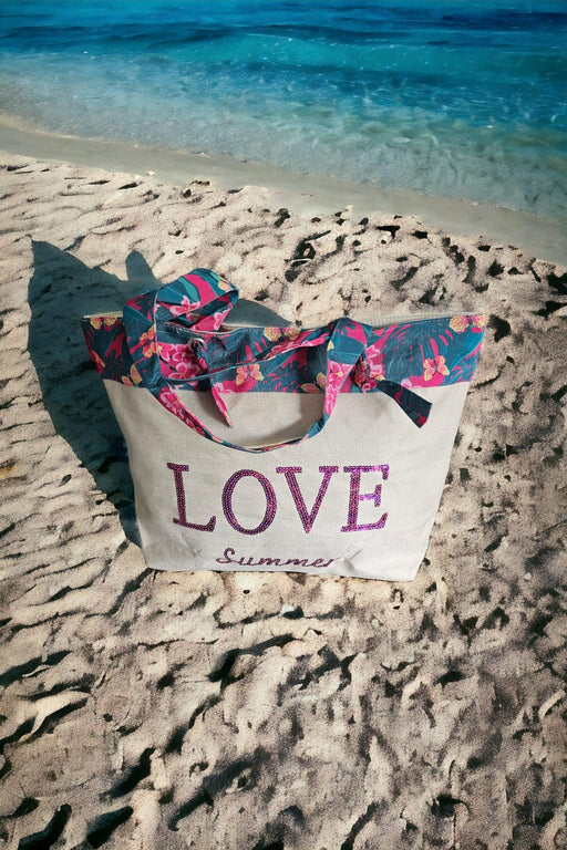 Strandtas #1 - Roze Pailletten Tekst Love Summer - Chique Design